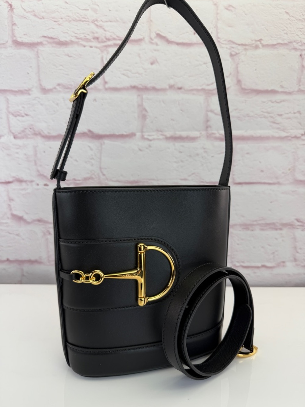 Gucci 73 Horsebit Black Leather Shoulder Bag Gold Hardware